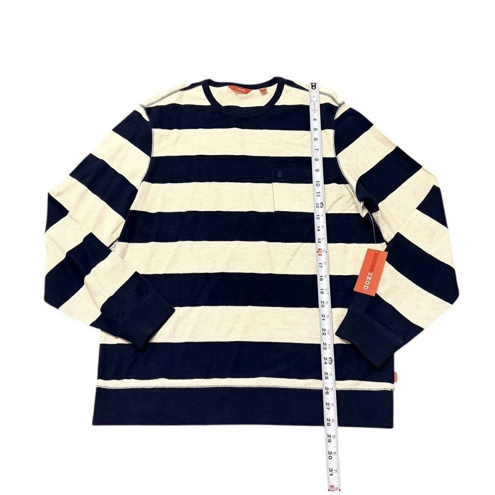 IZOD Men's M Windowpane Cotton‎ Sweater in Midnight/Cream Rugby Stripe NWT